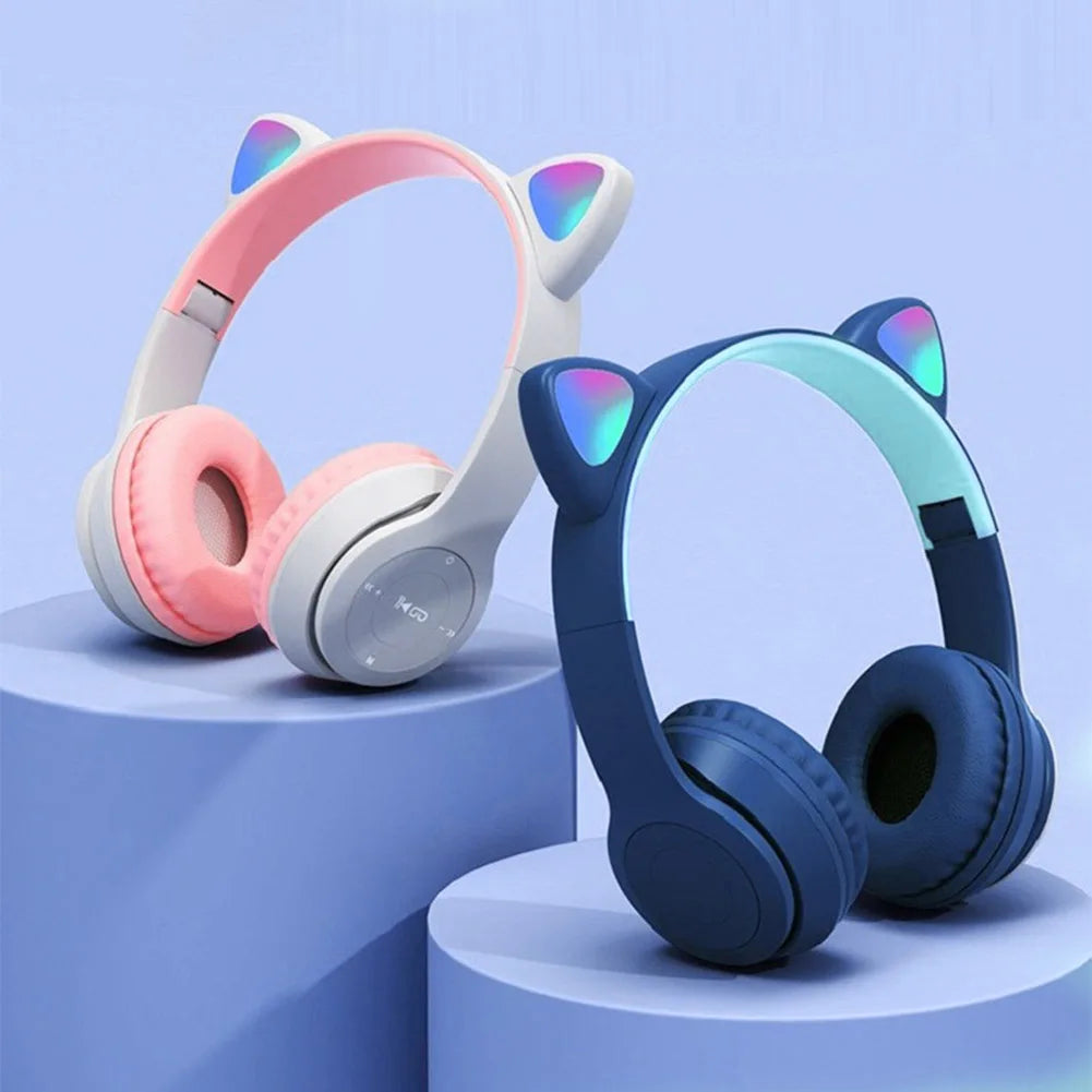 Over-Ear Headsets Cute Sports Headphones Wireless Headphones Cat Ear Bluetooth-Compatible Helmets Stereo Bass for Kids and Adult