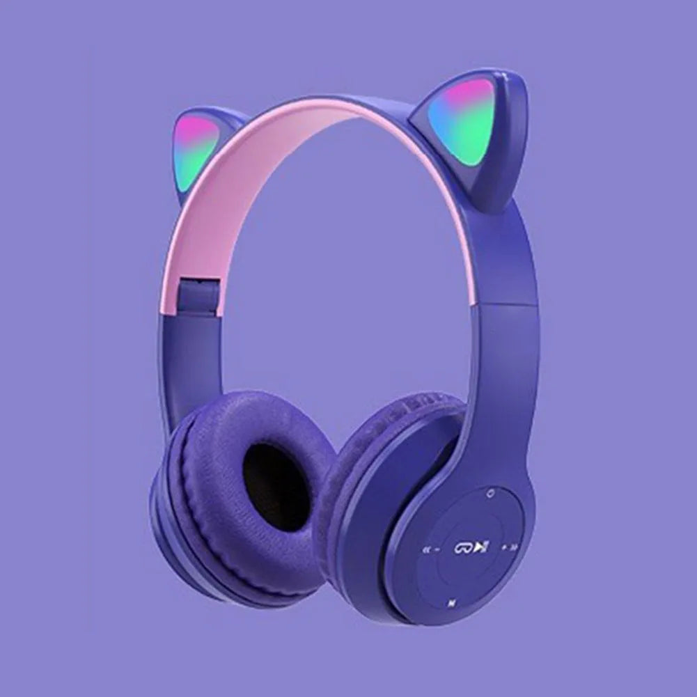 Over-Ear Headsets Cute Sports Headphones Wireless Headphones Cat Ear Bluetooth-Compatible Helmets Stereo Bass for Kids and Adult