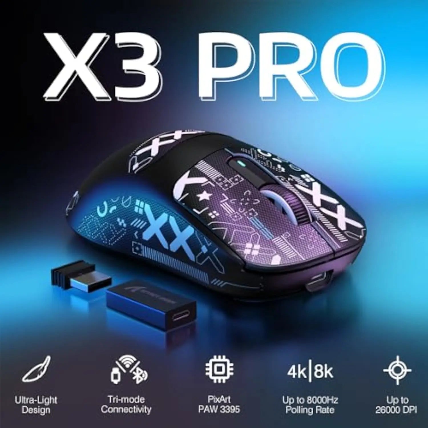 Attack Shark X3 Pro Wireless Gaming Mouse - PAW3395 26000DPI Tri-Mode (2.4G/BT/Wired) Macro Support RGB Ultra-Lightweight Design