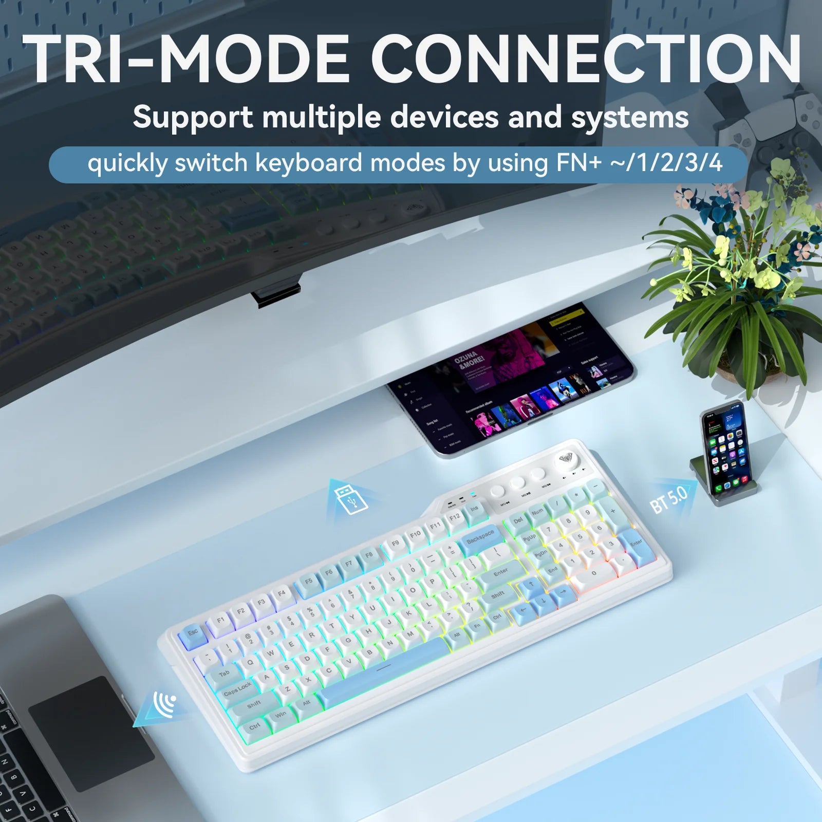 AULA F3099 Keyboard Triple-mode for Tablets and Desktop Computers Compatible with Multiple Operating Systems RGB Backlit