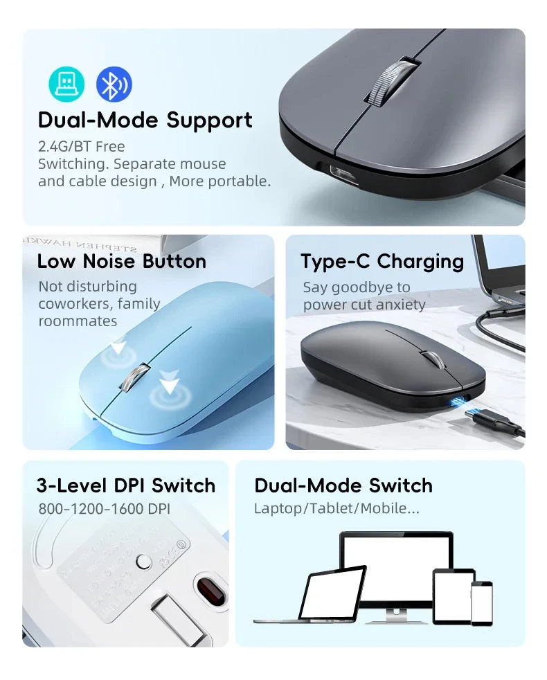 Bluetooth Wireless Mouse 2.4G Dual Mode DPI Adjustable Type-C Rechargeable Silent Ergonomic Portable Office Mouse 2026
