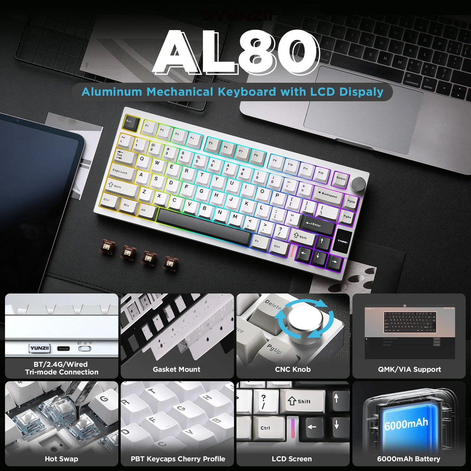 YUNZII AL80 Silver Wireless Mechanical Keyboard, Full Aluminum CNC Custom QMK/VIA Gaming Keyboard, LCD Display Hot Swap Keyboard