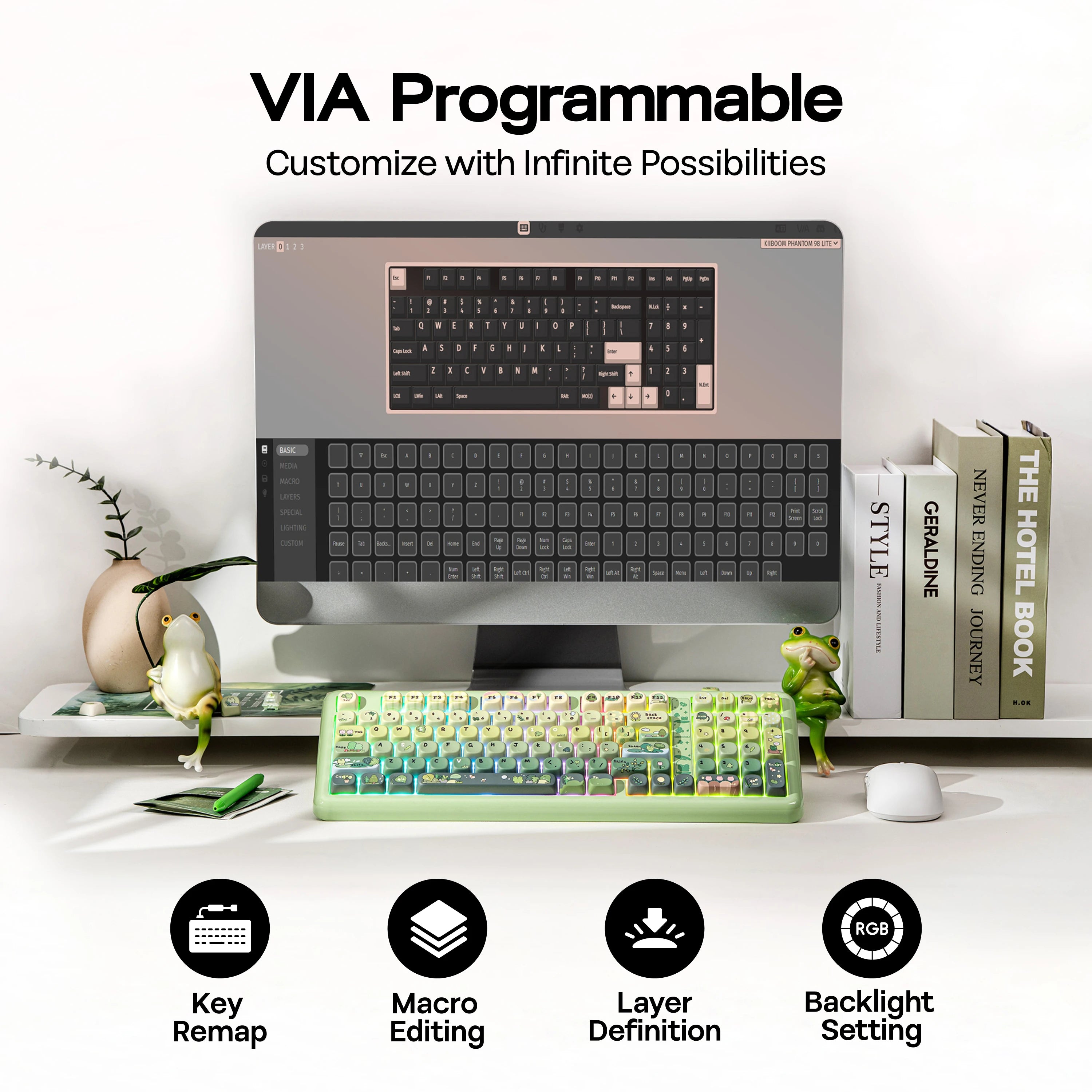 KiiBOOM Phantom98 Lite 96% ANSI US Layout VIA Programmable Gasket Wired/BT/2.4GHz Wireless Mechanical Gaming Keyboard 8000mAh