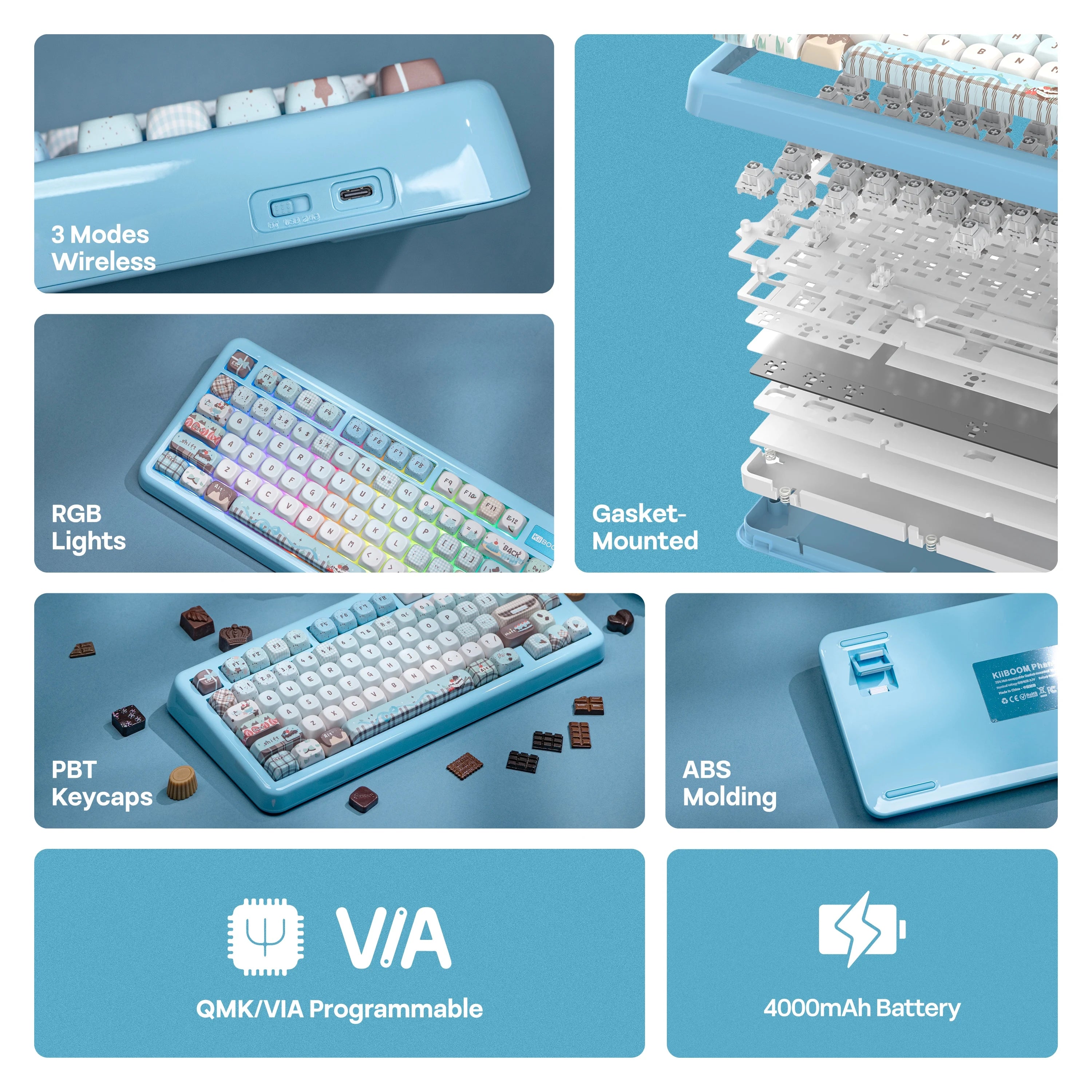 KiiBOOM Phantom81 Lite QMK/VIA 75% Hot-Swap Gasket Wired/BT/2.4GHz Wireless Mechanical Keyboard ABS Case+UV Tech RGB Backlights