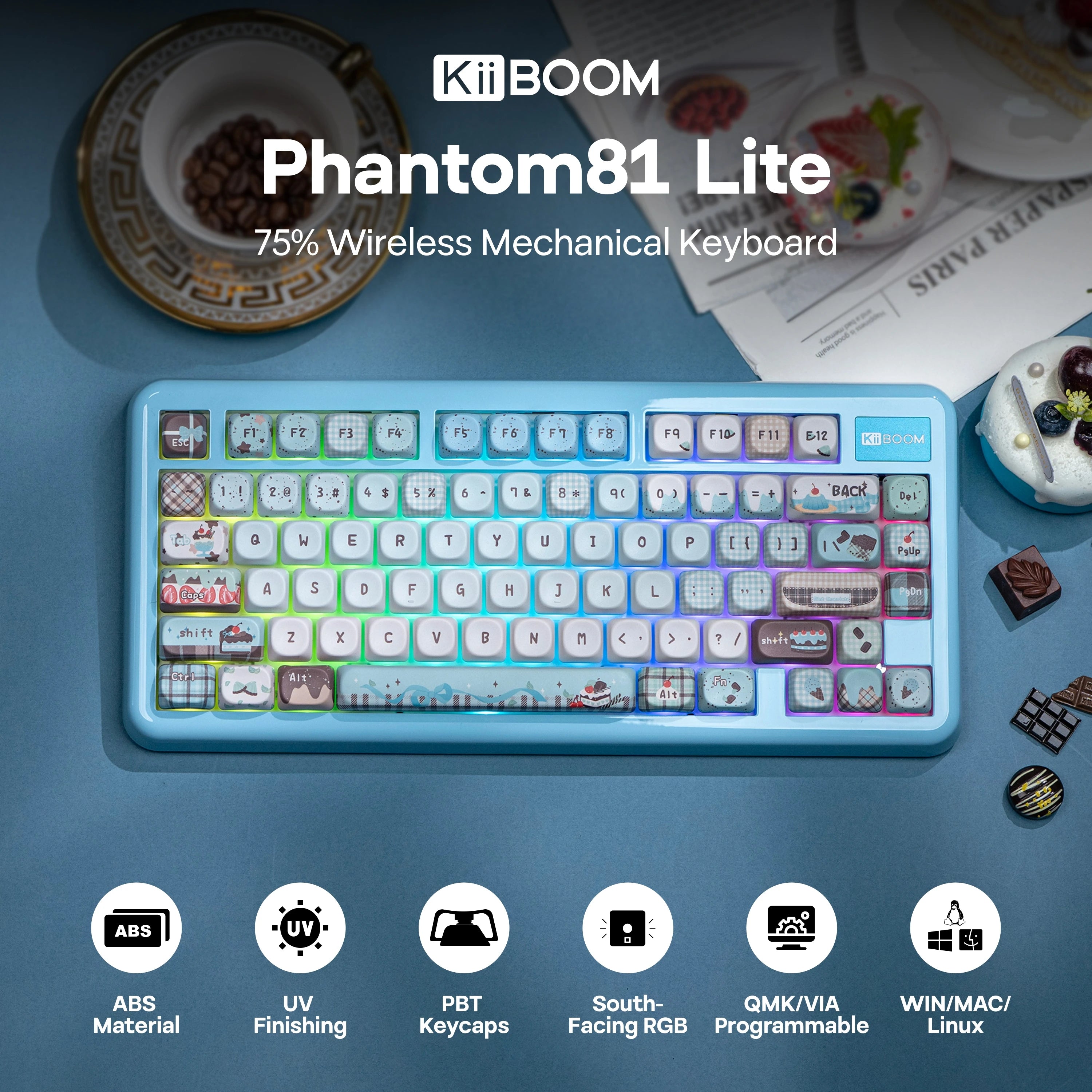 KiiBOOM Phantom81 Lite QMK/VIA 75% Hot-Swap Gasket Wired/BT/2.4GHz Wireless Mechanical Keyboard ABS Case+UV Tech RGB Backlights