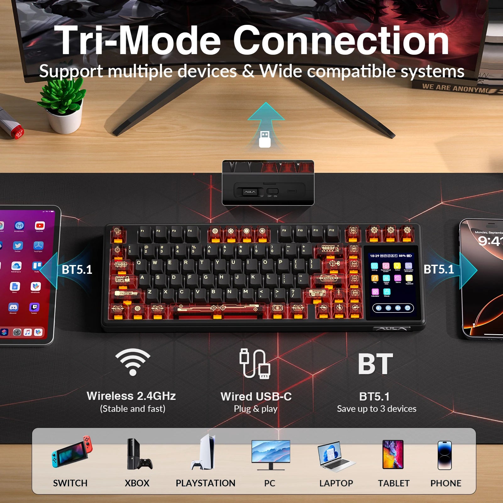 AULA L99 Keyboard Intelligent Touch-Screen Keypad Wireless Tri-mode Gaming Keyboard 8000mAh Battery for Laptop for PC