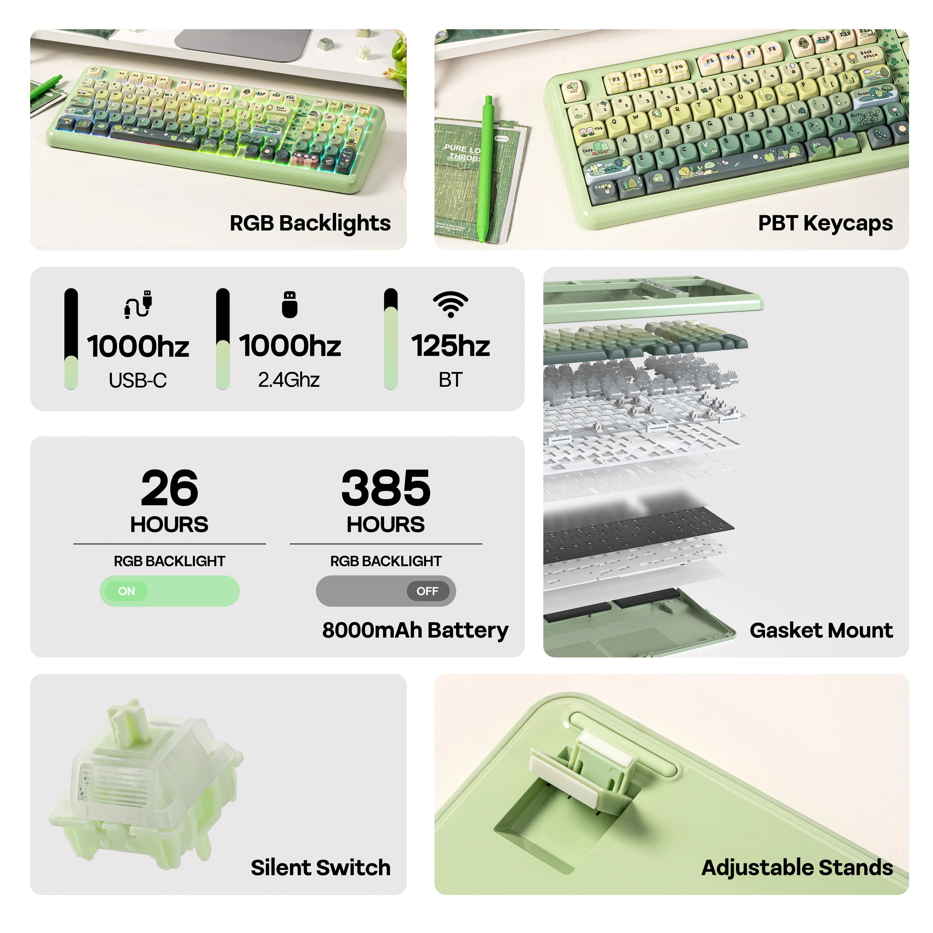KiiBOOM Phantom98 Lite 96% ANSI US Layout VIA Programmable Gasket Wired/BT/2.4GHz Wireless Mechanical Gaming Keyboard 8000mAh