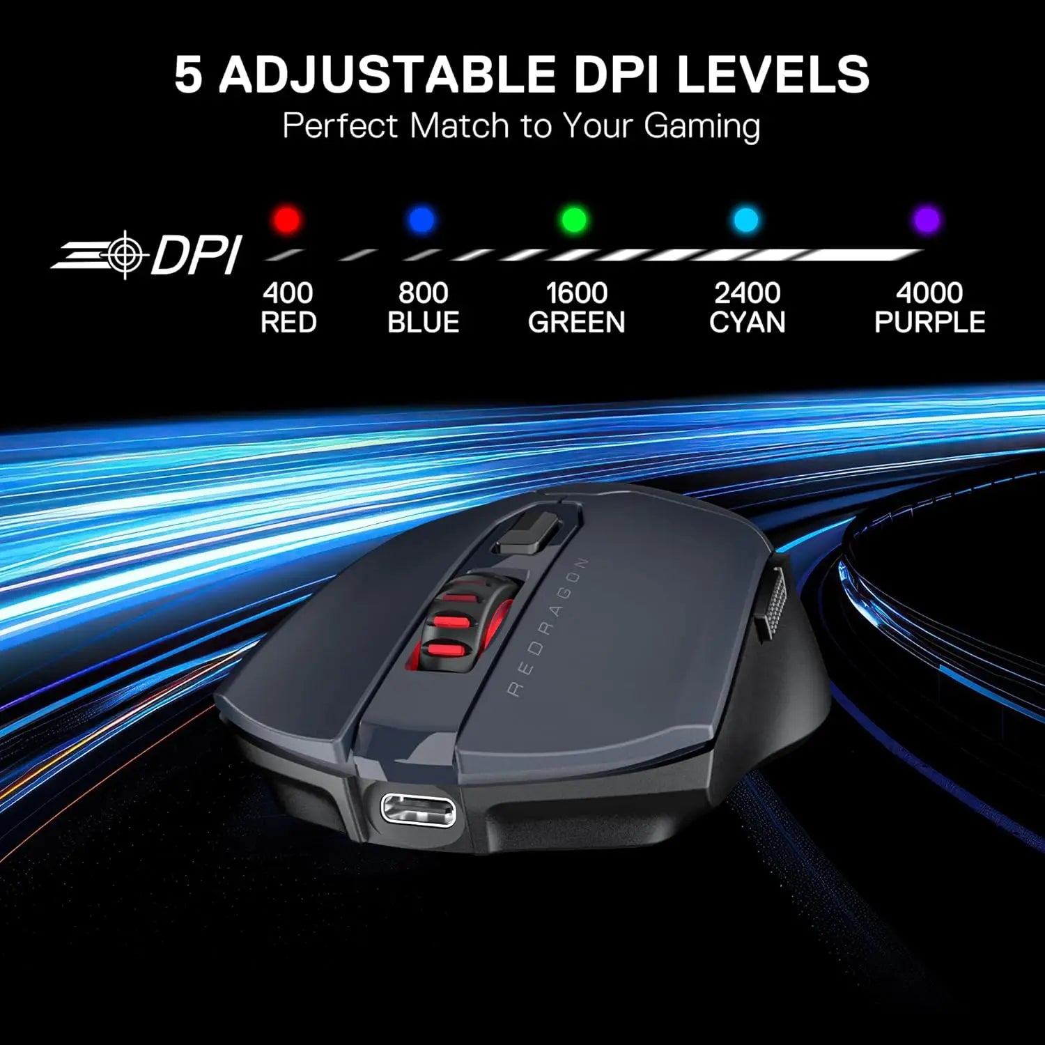 Redragon M995 LIT Wireless Gaming Mouse, 10000 MAX DPI Rechargeable Mouse, BT & 2.4G Wireless, 6 Macro Buttons