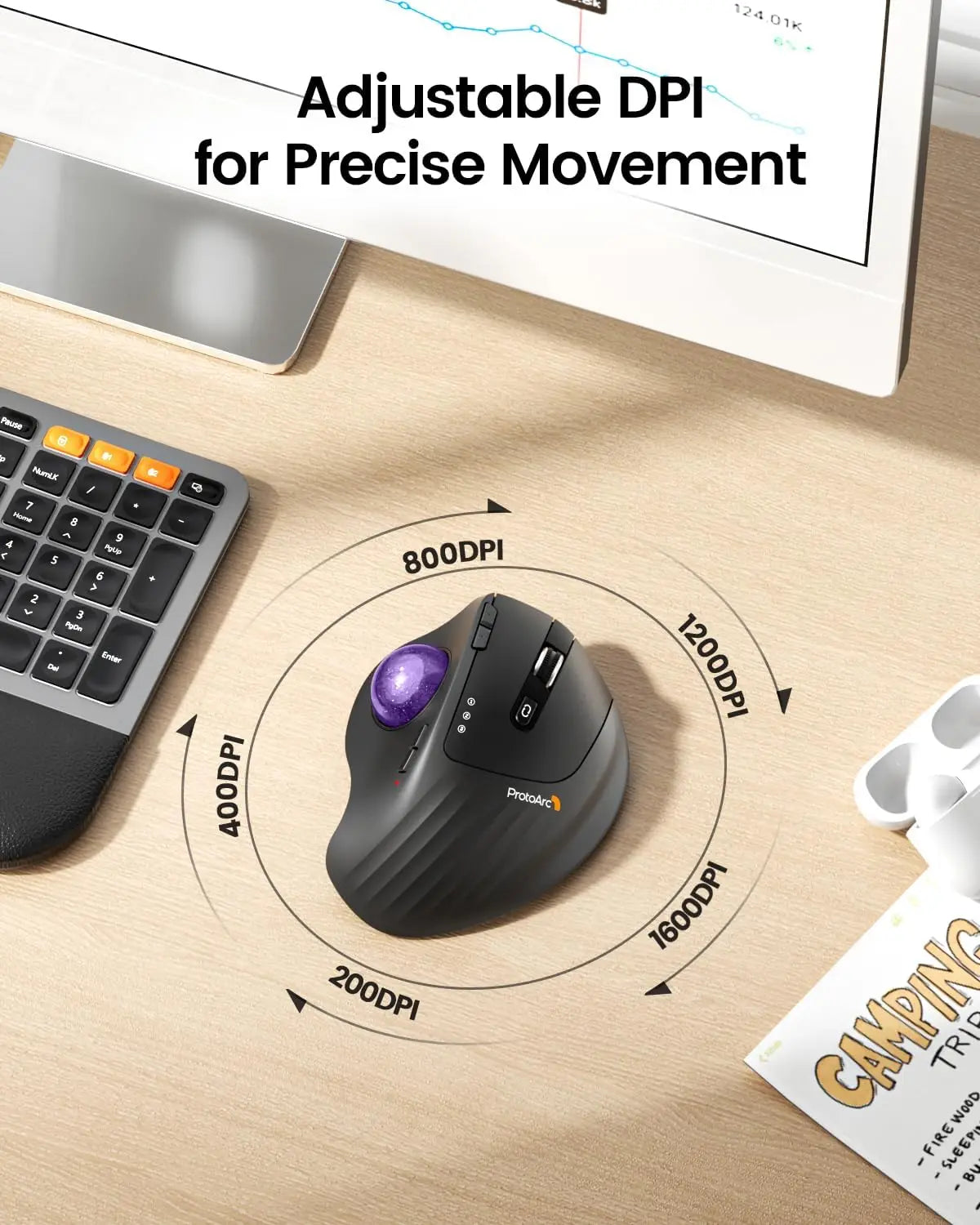 ProtoArc Wireless Trackball Mouse, EM01 NL Ergonomic Bluetooth Rollerball Thumb Rechargeable Computer Laptop Mouse for PC