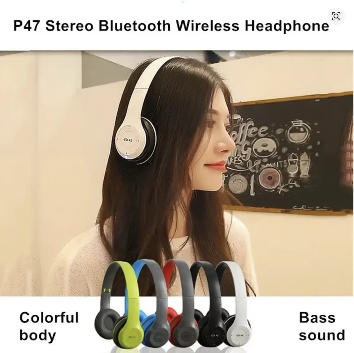 P47 Bluetooth Wireless Headphones Over-Ear Design Plastic Construction with LED Lights Surround Sound for Gaming and School